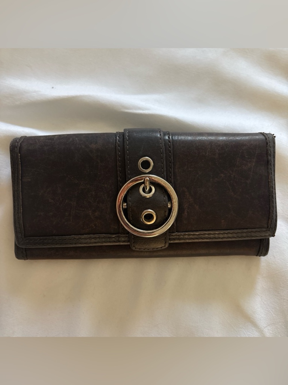 Coach Ali Dark Brown Leather Wallet with Buckle Accent